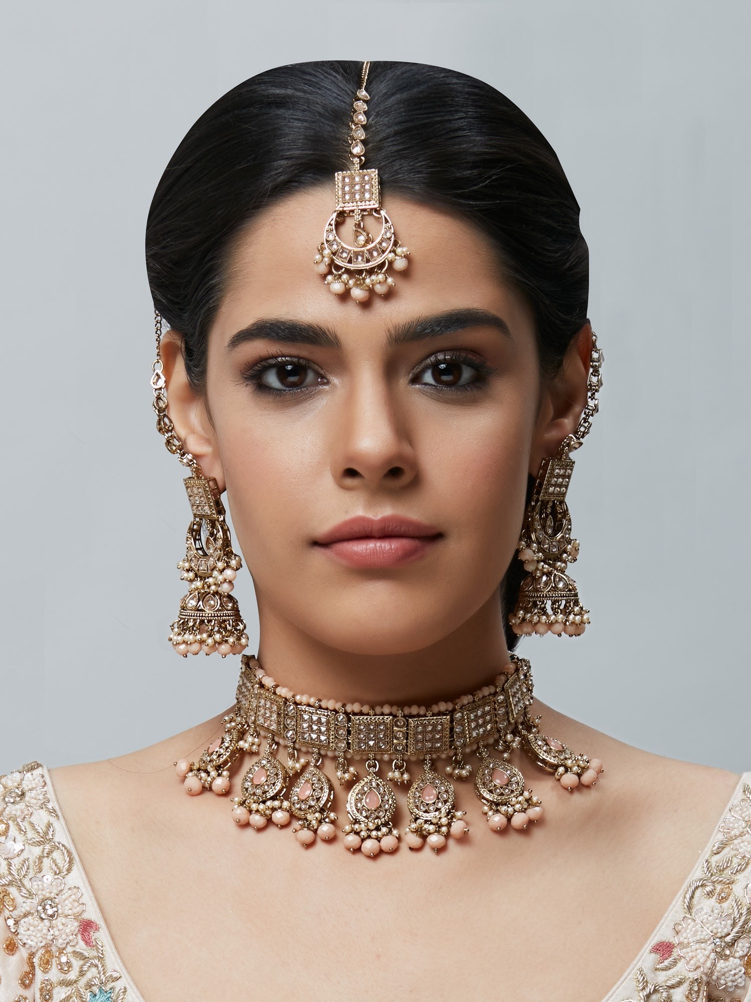 Antique Gold Indian Choker Set, Earrings, Maangtikka