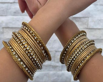 Gold Indian Bangles Set, Stone Work Kadas, Wedding Jewelry