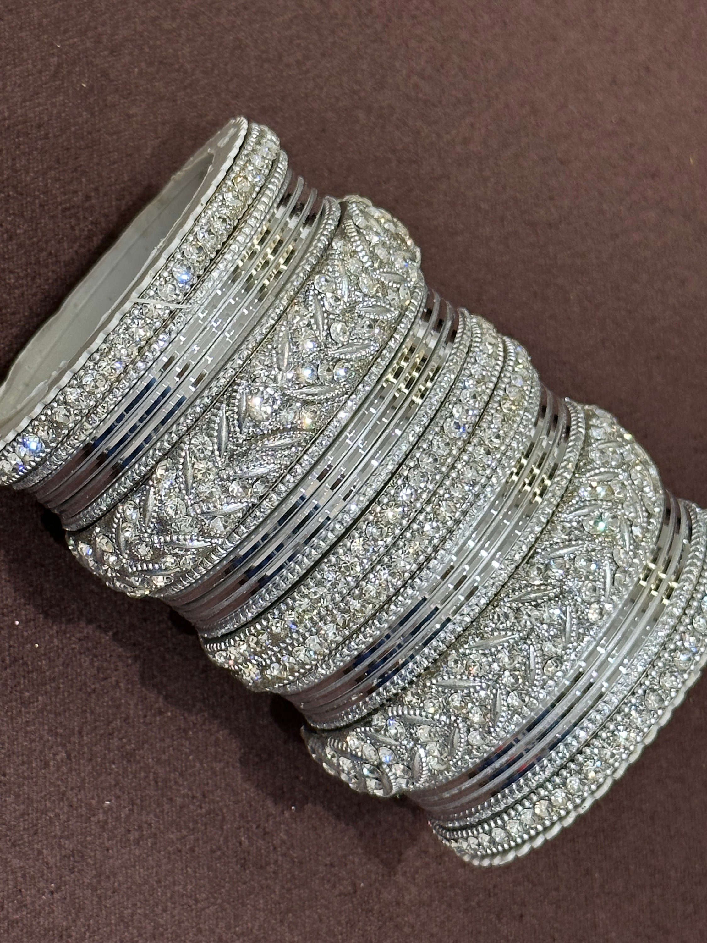 Silver Bangle Set With Silver Stones, Wedding Bangles, Indian