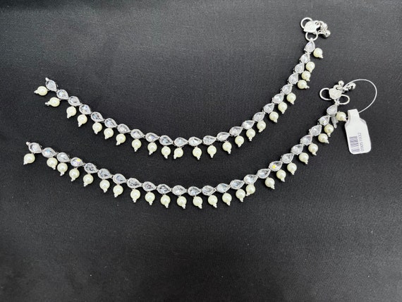 Payal with ghungroo Antique silver Traditional anklet set in antique silver plating with polki stones