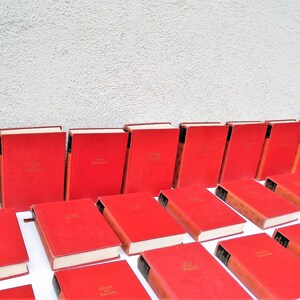 Pu&ograve; includere: Una collezione di libri in brossura rossa con scritte dorate sui dorsi. I libri sono disposti in file su una superficie bianca.