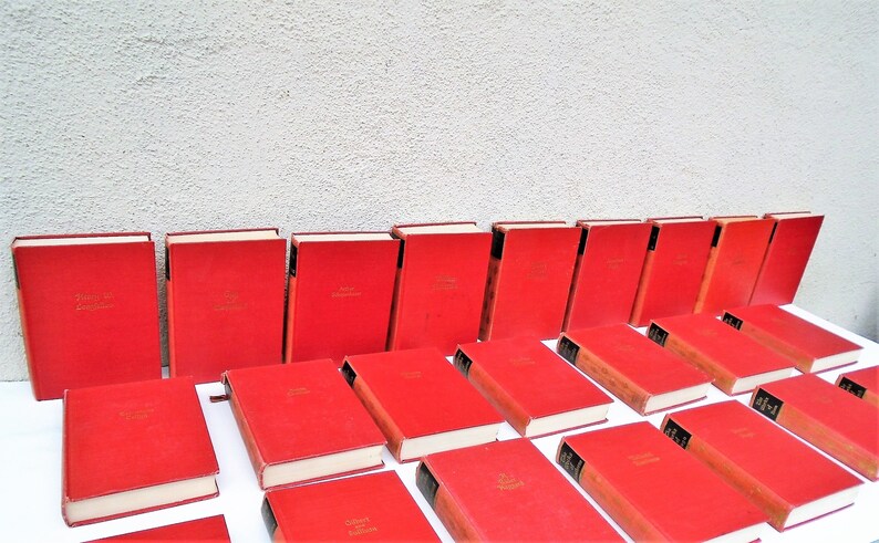 Pu&ograve; includere: Una collezione di libri in brossura rossa con scritte dorate sui dorsi. I libri sono disposti in file su una superficie bianca.
