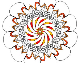 Peut inclure: Un mandala noir et blanc avec un motif en spirale rouge et jaune au centre. Le mandala est entouré d'un fond blanc.