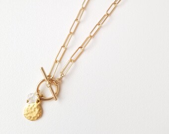 Matted paperclip chain gold necklace with gold plated charm and Swarovski bead
