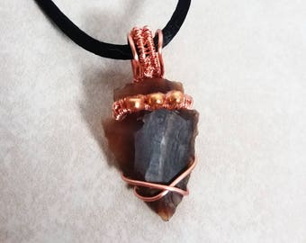 Wire Wrapped Arrowhead Pendant with Woven Bail - Unpolished Hand Carved Agate Arrowhead