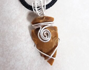 Wire Wrapped Agate Arrowhead Pendant - Unpolished Handcarved Agate Arrowhead with Woven Bail