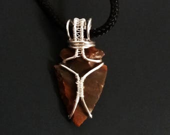 Wire Wrapped Agate Arrowhead Pendant - Unpolished Handcarved Agate Arrowhead with Woven Bail