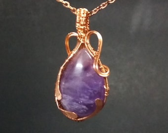 Wire Wrapped Amethyst Pendant with Woven Sides and Bail