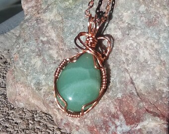 Wire Wrapped Green Aventurine Teardrop Pendant - Beautiful Softly Banded Highly Polished Aventurine Gives This Stone a Jade Like Appearance