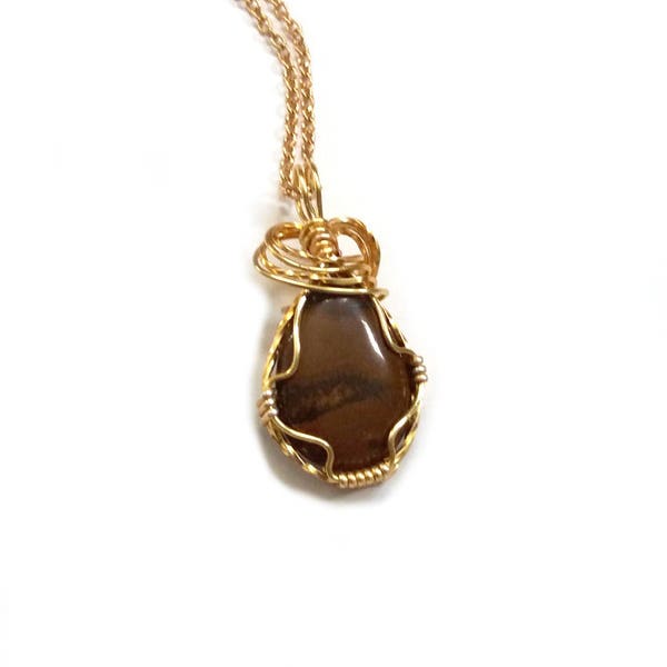 Wire Wrapped Wood Jasper Teardrop Pendant - Beautiful Deep Brown Polished Jasper - Wood Jasper