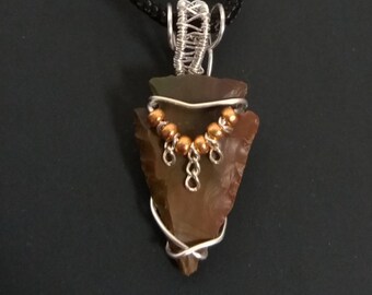 Wire Wrapped Agate Arrowhead Pendant - Unpolished Handcarved Agate Arrowhead with Woven Bail
