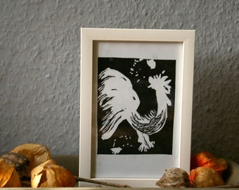 original linocut, hand-printed, limited rooster, animal, original print, illustration, ink drawing, black and white,