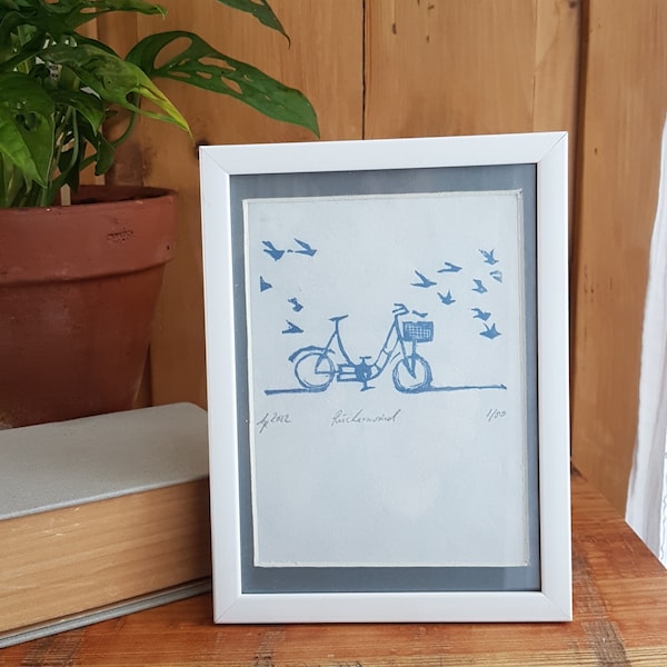 ORIGINAL KUNST, Linoldruck,poetisch, Fahrrad, Handgedruckt, limitiert, 13 x18 cm