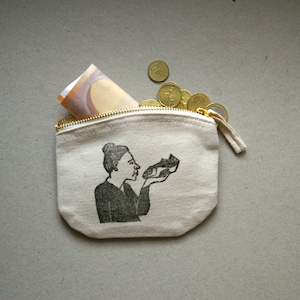 Geldbeutel, Geldbörse, kleine Tasche, Dame, Stoff, handgefertigt, Portemonnaie, Brieftasche, naturweiß shwarz, bedruckt, Geschenk für Frauen