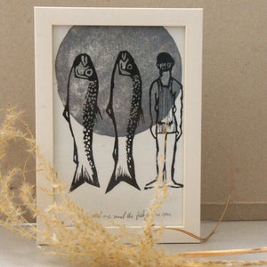 Print, lino print, ORIGINAL, ART, human, fish, hand printed, limited/50, 15 x 10 cm