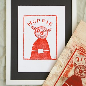 xilografía original, limitada, impresión a mano, estampado, rojo, osito, decoración habitación infantil, póster habitación infantil, cuadros habitación infantil