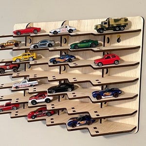 42 car hot new display case, diagonal w/ tilted or flat shelves hold 42 toy die cast cars Show off your 1:64th scale wheels!  Made in USA!