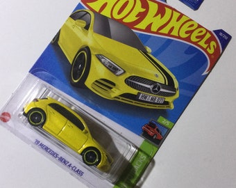 Yellow 2019 Mercedes-Benz A-Class Hot Wheels 1/64th scale.  Hotwheels die cast metal car, 18/250