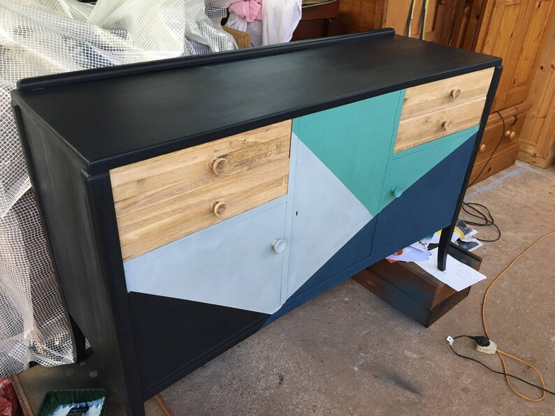 COMMISSION; 1950/'s retro English concave sideboard; all original Vintage; mid century MCM painted to order