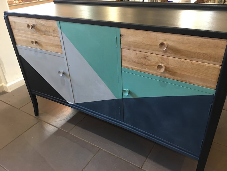 COMMISSION; 1950/'s retro English concave sideboard; all original Vintage; mid century MCM painted to order