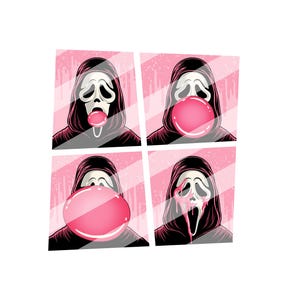 May include: A four-panel graphic illustration featuring a figure in a black hooded robe and a white ghost mask. The figure is shown blowing a progressively larger pink bubblegum bubble, which eventually pops and drips down the mask over a pink background.
