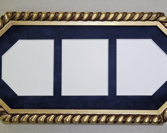 Kit de marco completo, marco octogonal de 7 x 16, adornado con oro reciclado, tapete de gamuza azul marino tríptico