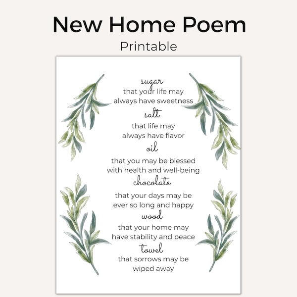 New Home Poem| New Home Blessing| Housewarming Printable| Sugar, Salt, Oil| New Neighbors| New Homeowners| PDF