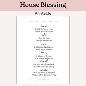 Pode incluir: Poema de bênção da casa imprimível com uma lista de itens e seus significados simbólicos: pão, sal, vinho, mel, azeite de oliva e vela.