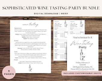 Sophisticated Wine Tasting Kit Printable | Scorecard, Placemats, Labels, Cheatsheet, Invitation | Date Night, Girls Night, Bachelorette