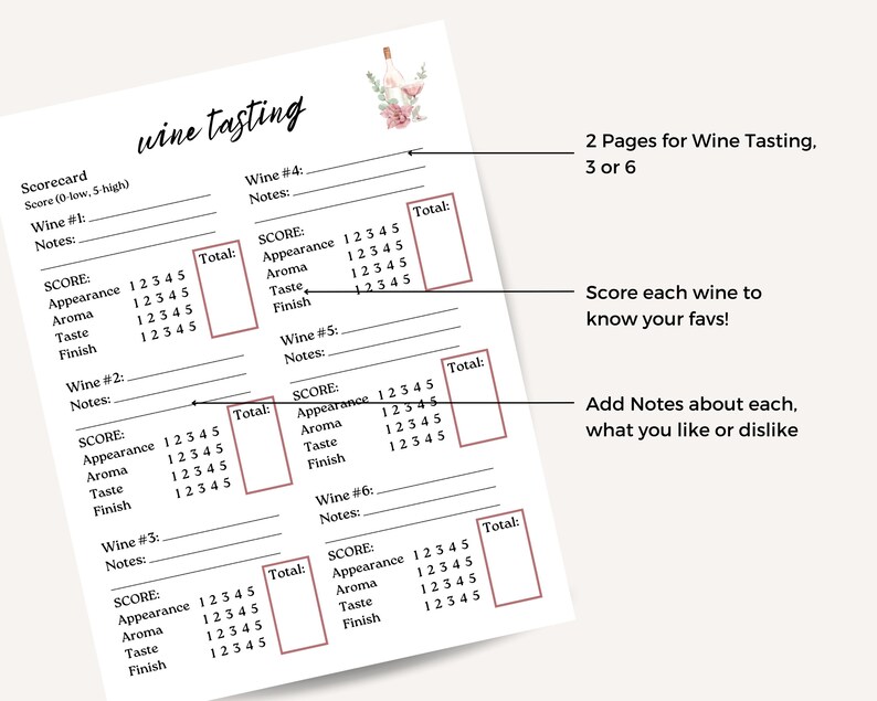 Feminine Wine Tasting Kit Printable | Scorecard, Placemats, Labels ...