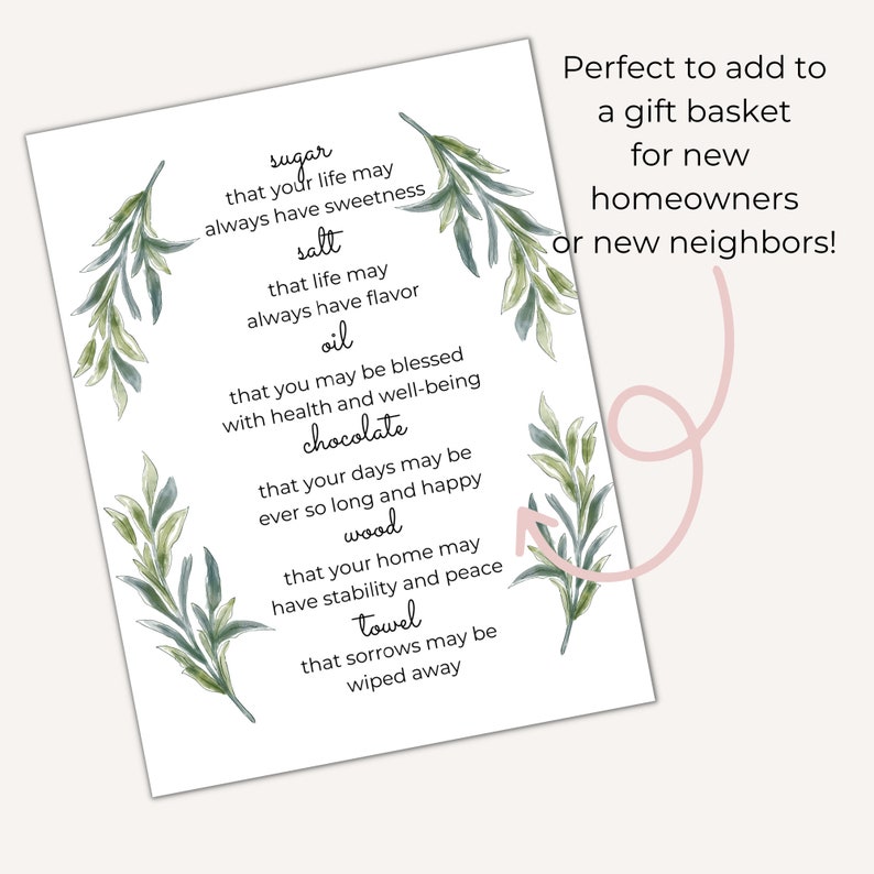 New Home Poem New Home Blessing Housewarming Printable Sugar, Salt, Oil New Neighbors New Homeowners PDF image 2