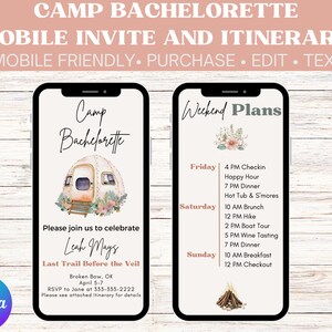 Invitación móvil e itinerario del Camp Bachelorette / Invitación de texto del Camp Bach / Bachelorette Evite