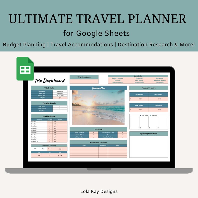 Ultimate Travel Planner for Google Sheets | Beach Themed Trip Planner ...