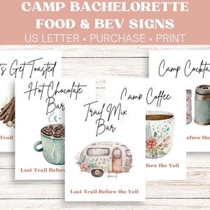 Camp Bachelorette Food and Beverage Table Signs / Camp Coffee, Vamos a tostar, cócteles de campamento, Trail Mix Bar, letreros de barra de chocolate caliente