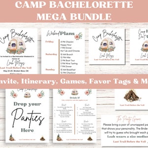 Camp Bachelorette Mega Bundle | Last Trail Before the Veil Invitation, Itinerary, Games, Food & Bev Signs, Favor Tags, Survival Kit Tags