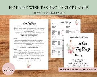 Feminine Wine Tasting Kit Printable | Scorecard, Placemats, Labels, Cheatsheet, Invitation | Date Night, Girls Night, Bachelorette