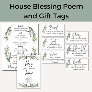 Pode incluir: Etiquetas de presente para inauguração da casa imprimíveis com um design de ramo de oliveira verde. As etiquetas apresentam um poema de bênção para uma nova casa com as palavras "pão", "sal", "vinho", "mel", "azeite de oliva" e "vela".