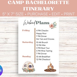 Camp Bachelorette Itinerary | Last Trail Before the Veil Itinerary | Wild in the Woods | Canva Bachelorette Itinerary Template