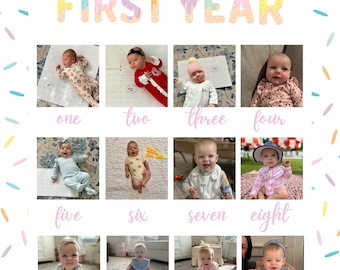 Può includere: Un collage fotografico del primo anno di un bambino, con dodici immagini disposte in una griglia. Il titolo "Sadie's FIRST YEAR" è in colori pastello. Ogni foto rappresenta un mese, con i mesi etichettati sotto. Lo sfondo ha delle spruzzate colorate.