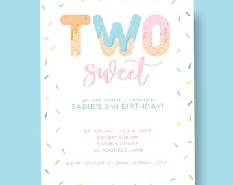 May include: A white invitation card with a light blue background and colorful confetti. The words "TWO SWEET" are displayed in ice cream cone-shaped letters. The text "you are invited to celebrate SADIE'S 2nd BIRTHDAY!" is also included.