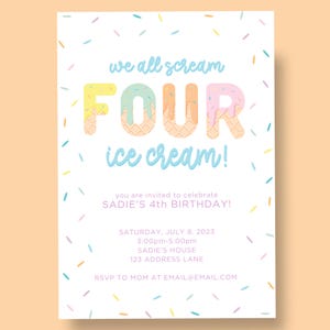 We All Scream FOUR ijsthema vierde verjaardag digitale downloaduitnodiging