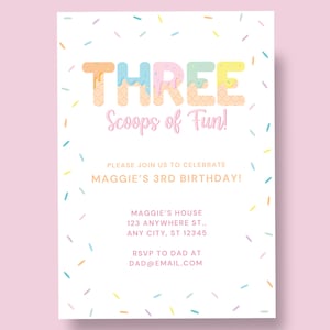May include: A birthday invitation with a pink background and colourful sprinkles. The words "THREE Scoops of Fun!" are displayed in pastel colours. The invitation includes details for Maggie's 3rd birthday, including the date, time, and location.