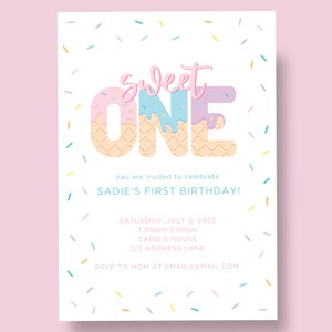 Sweet One Ice Cream Themed First Birthday Digital Download Invitation