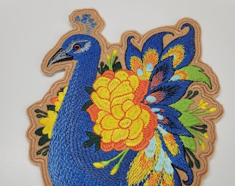 Colorful Floral Peacock Embroidered Patch - peacock patches - peacock embroidery designs - large animal patch - jacket patch - iron on