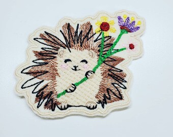 Baby Hedgehog Purple Green Floral Flowers Iron On Embroidery Patch MTCoffinz Choose Size