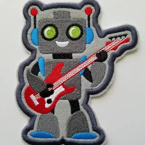 Rock n Roll Robot Embroidered Patch - robot patch - kid patches - guitar patch - iron on - sew on - robot embroidery design - boy patches