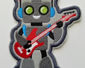 Rock n Roll Robot Embroidered Patch - robot patch - kid patches - guitar patch - iron on - sew on - robot embroidery design - boy patches