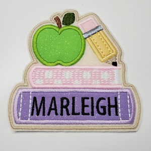 Personalized Back To School Books With Apple and Pencil Patch, School Badge, Backpack Name Patch, Back To School Patch, Pencil Patch, books