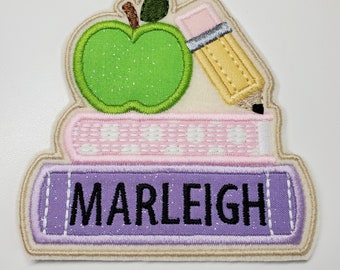 Personalized Back To School Books With Apple and Pencil Patch, School Badge, Backpack Name Patch, Back To School Patch, Pencil Patch, books