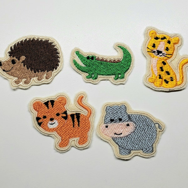 Whimsical Embroidered Patches, Hedgehog patch, cheetah patch, tiger patch, hippo patch, crocodile patch, felt patches, iron- on patch